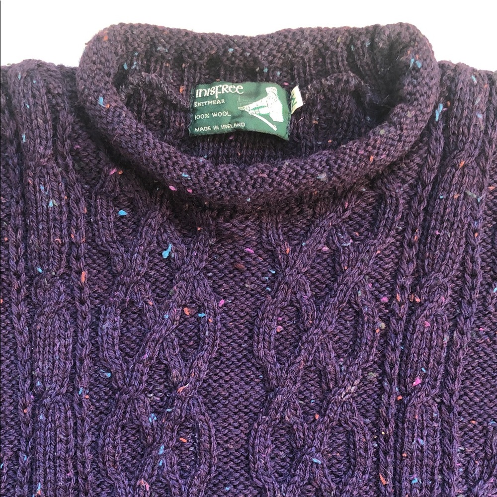Irish Wool Purple Rolled collar Chunky Cable knit Sweater size M, excellent